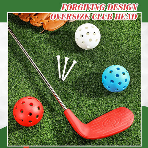 Left Hand 36 Inch Plastic Golf Chipping Club Set With Oversized Head For Home Backyard Bucket Game Indoor Outdoor Training Includes One Club Three Practice Balls And Three Tees Gift For Grown Ups, showing red club head, practice balls, and tees on grass.