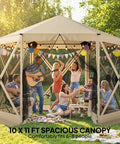 No Tool Setup 10 X 11 Ft Pop Up Gazebo Screen Tent Portable Instant Canopy Sun Shelter with mesh netting and beige fabric
