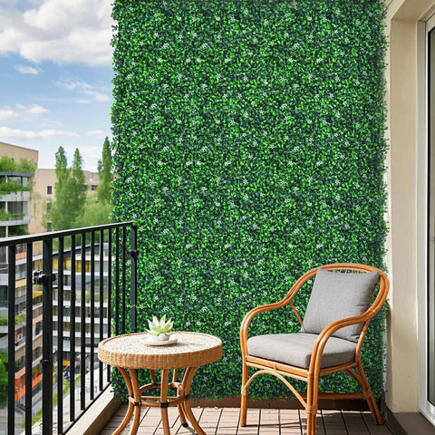 Dense Boxwood Roll Panels With Flowers DIY Friendly No Assembly Needed 48x120 Inches UV Resistant Faux Ivy Privacy Fence Screen