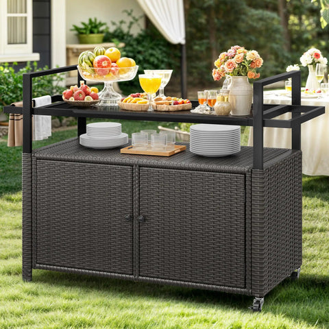 Outdoor Storage Cabinet With Wheels And Black Glass Top For Patio And Poolside No Fuss All Weather Wicker Cart shown in garden