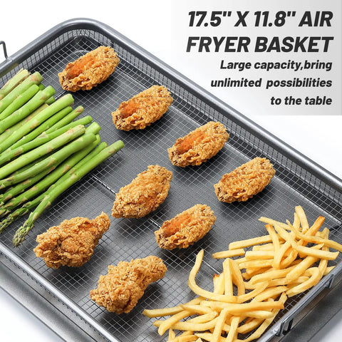 Extra Large Oven Air Fryer Basket Set with asparagus, chicken, fries on stainless steel tray, large capacity 17.5 x 11.8 inches.