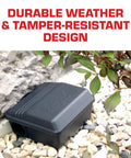 Rodent Station Trap Box With Four Bait Securing Rods And Security Key, Indoor Outdoor Weather Resistant next to a stone wall