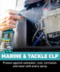 Marine Gear Lubricant And Cleaner For Reels, Boat Motors, Downriggers And Tackle, 16 Oz Trigger Spray being applied to engine