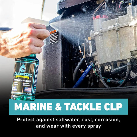 Marine Gear Lubricant And Cleaner For Reels, Boat Motors, Downriggers And Tackle, 16 Oz Trigger Spray being applied to engine