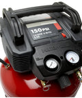 6 Gallon Pancake Air Compressor 150 Psi Portable Pump with gauges on maintenance-free tank showing tank pressure.