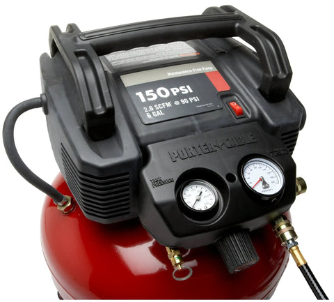 6 Gallon Pancake Air Compressor 150 Psi Portable Pump with gauges on maintenance-free tank showing tank pressure.