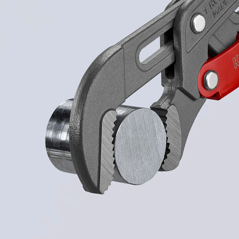 Rapid Adjust Swedish Pipe Wrench 12 Inch Quick Button Adjustment 45 Degree Angled gripping metal pipe