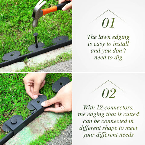 No Dig Landscape Edging Kit With Three 50 Ft Rolls, 120 Spikes, And 12 Connectors installed with hammer on grass edge