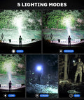Rechargeable Flashlights 99000 Lumens Super Bright LED With 15 Hour Runtime 5 Modes IPX7 Waterproof showing lighting modes