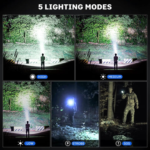 Rechargeable Flashlights 99000 Lumens Super Bright LED With 15 Hour Runtime 5 Modes IPX7 Waterproof showing lighting modes