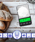 Pocket Digital Gram Scale 1200g x 0.1g on table with bread, showing precise measurement on LCD, ultra compact for travel.