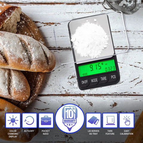 Pocket Digital Gram Scale 1200g x 0.1g on table with bread, showing precise measurement on LCD, ultra compact for travel.