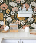 Vintage Floral Peel And Stick Wallpaper With Daisy Leaf Pattern In Black Sand And Olive Vinyl Self Adhesive Contact Paper For Walls 17.7 In By 9.8 Ft Removable Repositionable And Renter Friendly in kitchen decor scene.
