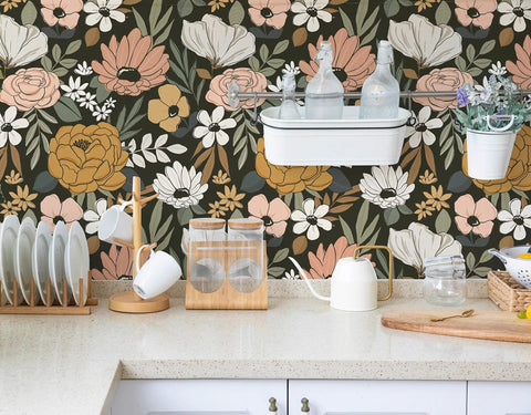 Vintage Floral Peel And Stick Wallpaper With Daisy Leaf Pattern In Black Sand And Olive Vinyl Self Adhesive Contact Paper For Walls 17.7 In By 9.8 Ft Removable Repositionable And Renter Friendly in kitchen decor scene.