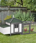 77 Inch Wooden Chicken Coop With Nesting Box And Removable Tray Outdoor Hen House With Ramp Run And Ventilated Window, gray in garden with chickens