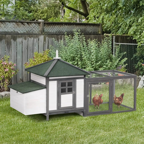 77 Inch Wooden Chicken Coop With Nesting Box And Removable Tray Outdoor Hen House With Ramp Run And Ventilated Window, gray in garden with chickens