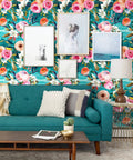 Living room with teal couch against Easy Peel And Stick Floral Wallpaper Teal And Pink For Bedroom And Nursery Removable Textured Wall Cover