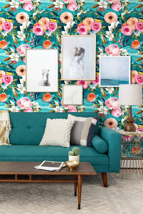 Living room with teal couch against Easy Peel And Stick Floral Wallpaper Teal And Pink For Bedroom And Nursery Removable Textured Wall Cover