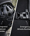 Close-up of Hydration Backpack 18L With Upgraded 3L Leak-Proof Bladder features: integrated helmet holder and emergency whistle buckle