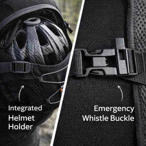 Close-up of Hydration Backpack 18L With Upgraded 3L Leak-Proof Bladder features: integrated helmet holder and emergency whistle buckle