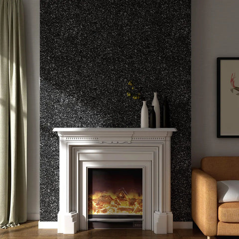 Living room with fireplace and Black Glitter Wallpaper Roll 17.7 Inch by 354 Inch Self Adhesive Removable Sparkle Sequin Wall Cover.