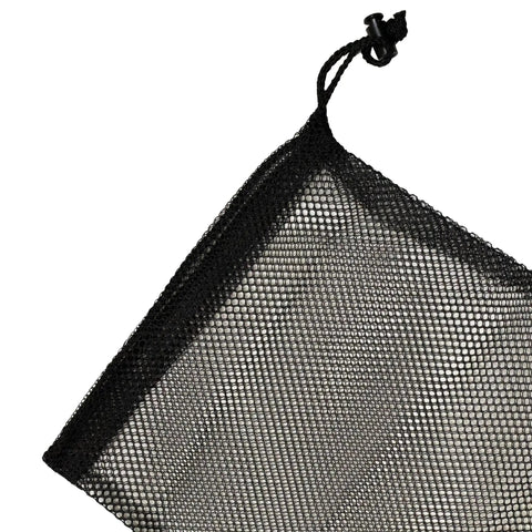 Close-up of Drawstring Mesh Snorkeling Bag With Blue Bar For Mask And Snorkel Gear, 19 Inch By 11.5 Inch corner and drawstring detail