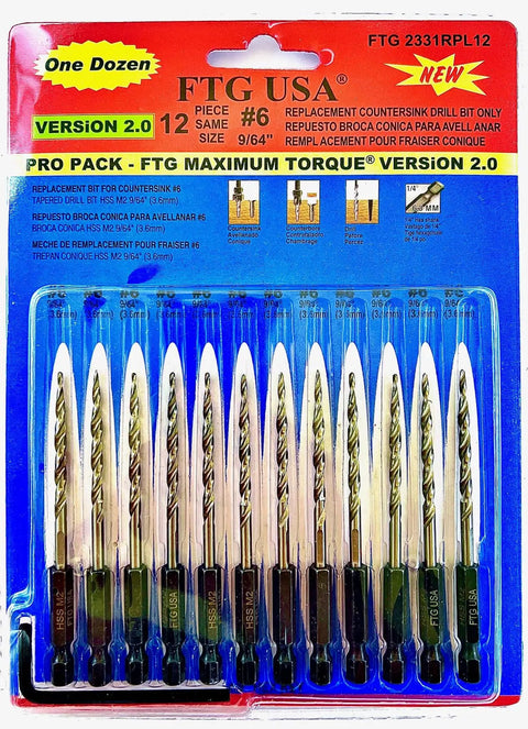 Durable Tapered Wood Drill Bits Set, 12 Piece, Size Nine Sixty Fourth Inch, packaged in plastic with Version 2.0 details.