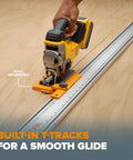 Make Straight Runs No Sweat With This 50 Inch Clamp Edge Extension Add Fifty Inches To Your Rig For Crisp Cuts On Circular Saws Built In T Track Delivers Legit Precision Daily. A jigsaw cutting on a 50-inch clamp edge with built-in T-tracks.