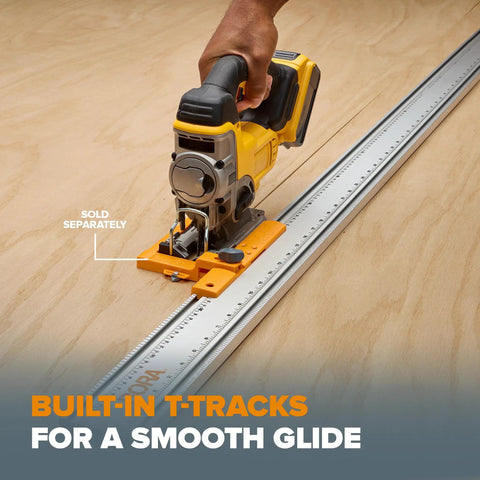 Make Straight Runs No Sweat With This 50 Inch Clamp Edge Extension Add Fifty Inches To Your Rig For Crisp Cuts On Circular Saws Built In T Track Delivers Legit Precision Daily. A jigsaw cutting on a 50-inch clamp edge with built-in T-tracks.