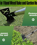 60 Inch Weed Puller With Long Handle, 2 In 1 Weed Rake And Garden Hoe showing tool loosening soil and removing weeds