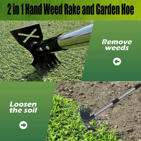 60 Inch Weed Puller With Long Handle, 2 In 1 Weed Rake And Garden Hoe showing tool loosening soil and removing weeds