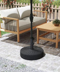 Heavy Duty Water Fillable Round Umbrella Base Weight Workhorse 88 Lb Stand For Patio Outdoor Market Table Umbrella, Fill With Water Or Sand, Adjustable Spacers Fit 1.3 1.5 And 1.9 Inch Poles, Black shown on patio