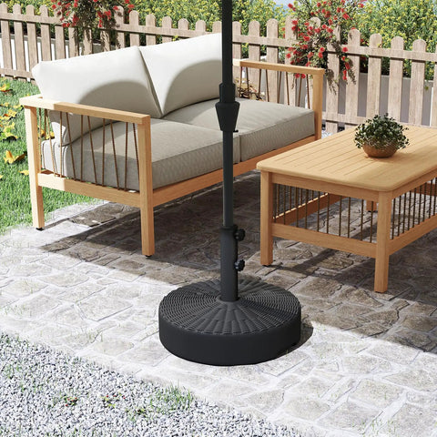 Heavy Duty Water Fillable Round Umbrella Base Weight Workhorse 88 Lb Stand For Patio Outdoor Market Table Umbrella, Fill With Water Or Sand, Adjustable Spacers Fit 1.3 1.5 And 1.9 Inch Poles, Black shown on patio