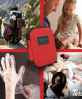 Front view of Thrive mini first aid kit in a red shell case; 66-piece compact travel camping medical kit.