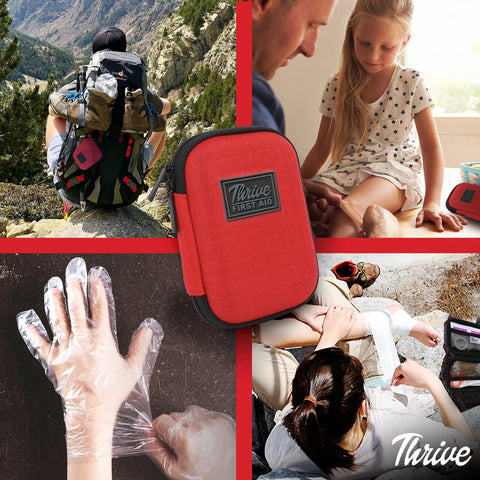 Front view of Thrive mini first aid kit in a red shell case; 66-piece compact travel camping medical kit.