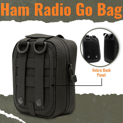 Go Bag For Ham Radio With Tear Away Hook And Loop Back MOLLE Compatible Multi Pocket Gear Carrier showcasing Velcro back panel