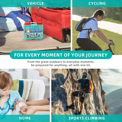 SuccorWare 225-piece first aid kit in teal case with red handle; collage shows vehicle trunk, cycling, home care, and climbing scenes.