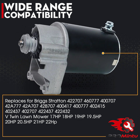 Replacement Starter Motor For V Twin Lawn Mower Engines, Fits 17HP To 22HP, Replaces Models 422707 460777, 16-tooth gear visible