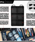Six FlexiTray Flexible Tool Trays Milwaukee PACKOUT Compatible Go To Organizer for tools and parts, shown in black trays.