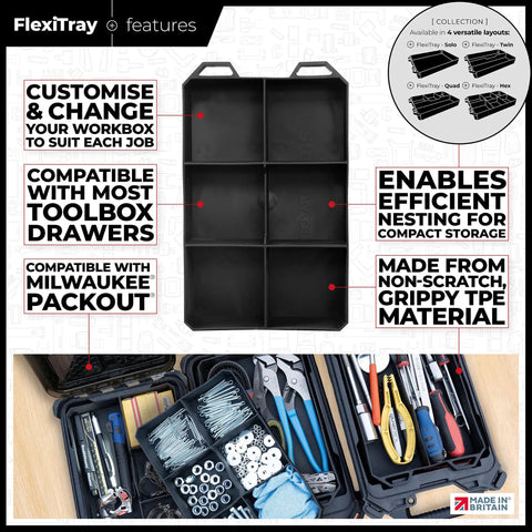 Six FlexiTray Flexible Tool Trays Milwaukee PACKOUT Compatible Go To Organizer for tools and parts, shown in black trays.