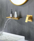 Wall Mount Waterfall Bathroom Sink Faucet In Gold Brass With Wide Spout Wall Mounted Bathroom Faucet Featuring Upgrade Rough In Valve Body For Easy Install And Leak Free Performance