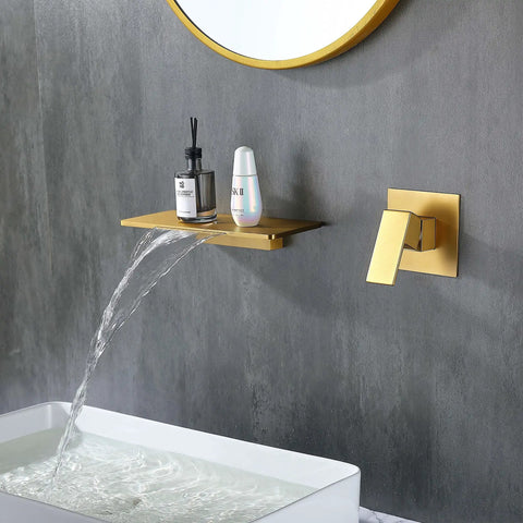 Wall Mount Waterfall Bathroom Sink Faucet In Gold Brass With Wide Spout Wall Mounted Bathroom Faucet Featuring Upgrade Rough In Valve Body For Easy Install And Leak Free Performance