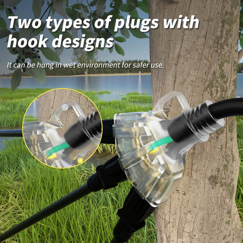 Outdoor 25 Foot Extension Cord With Three Outlets 16 Gauge 3 Conductor SJTW Weatherproof And Waterproof Power Cable visible hanging on tree with transparent plug showing internal wiring.