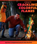 Father and child watching fire with Vibrant Multi Color Fire Packets 25 Pack For Fire Pits Campfires Bonfires And Fireplaces