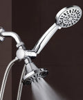Total Chrome Premium High Pressure 48 Setting Three Way Shower Combo with Rain Head and Handheld on brown tile wall