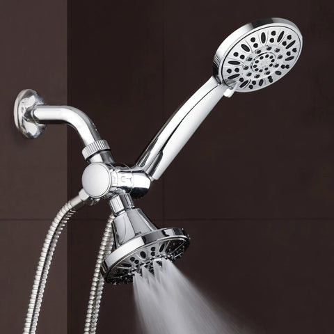 Total Chrome Premium High Pressure 48 Setting Three Way Shower Combo with Rain Head and Handheld on brown tile wall