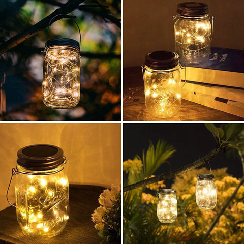Solar Mason Jar Lid Lights 8 Pack With 20 LEDs, Lit Fairy Star Firefly String Lights glowing in various settings