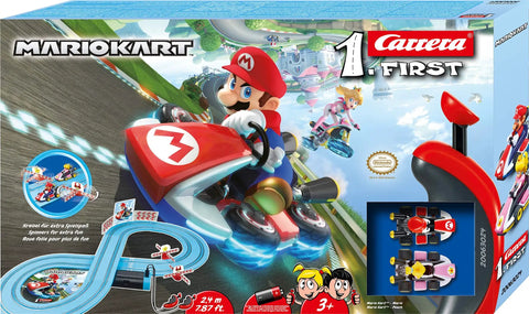 Box of Mario Kart Slot Car Race Track With Spinners Two Cars Included Starring Mario And Peach Battery Powered Beginner Racing Set