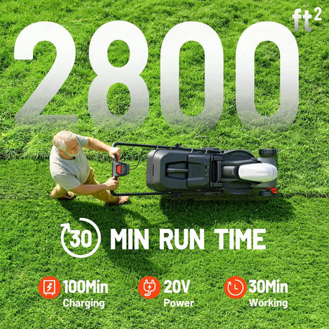 Cordless Electric Lawn Mower With Brushless Motor, 14 Inch Cutting Width, man mowing green lawn up to 2800 sq ft
