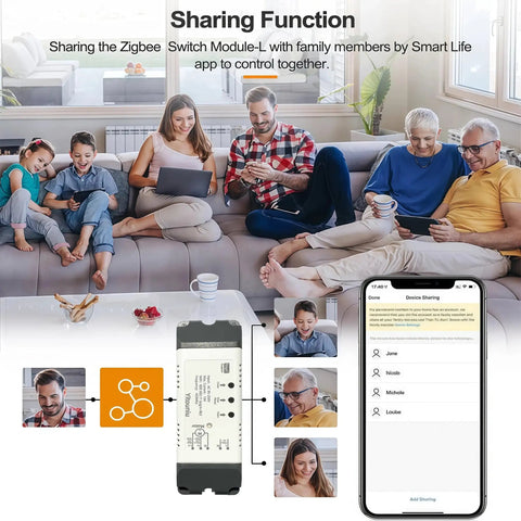 Family using Tuya Smart Life app on phone to control Smart WiFi Linear Actuator Module with Alexa Voice and Zigbee device